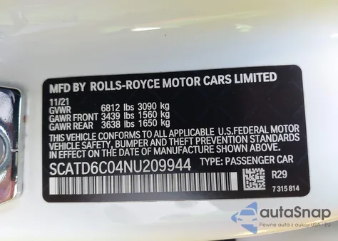 2022 Rolls-Royce Ghost z USA, uszkodzony, nr VIN SCATD6C04NU209944